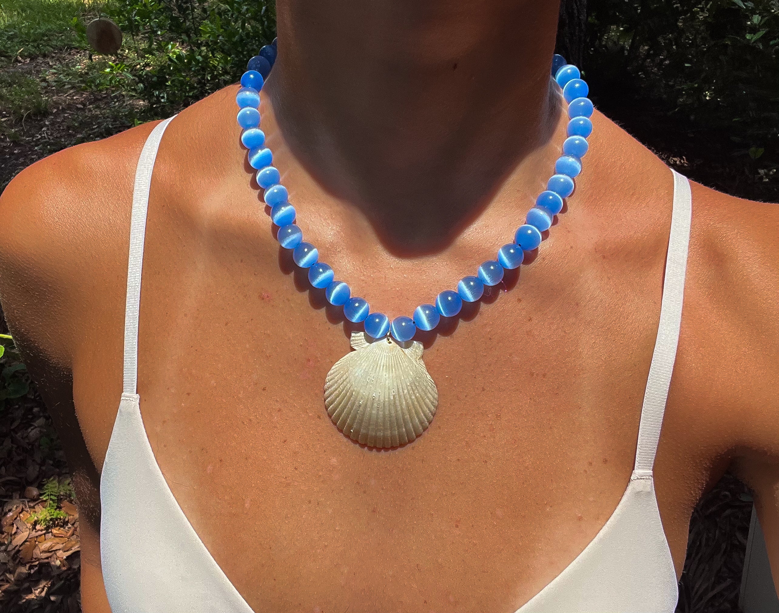 Blue Beaded Scallop Necklace