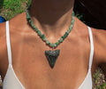 Green Beaded Megalodon Shark Tooth Necklace