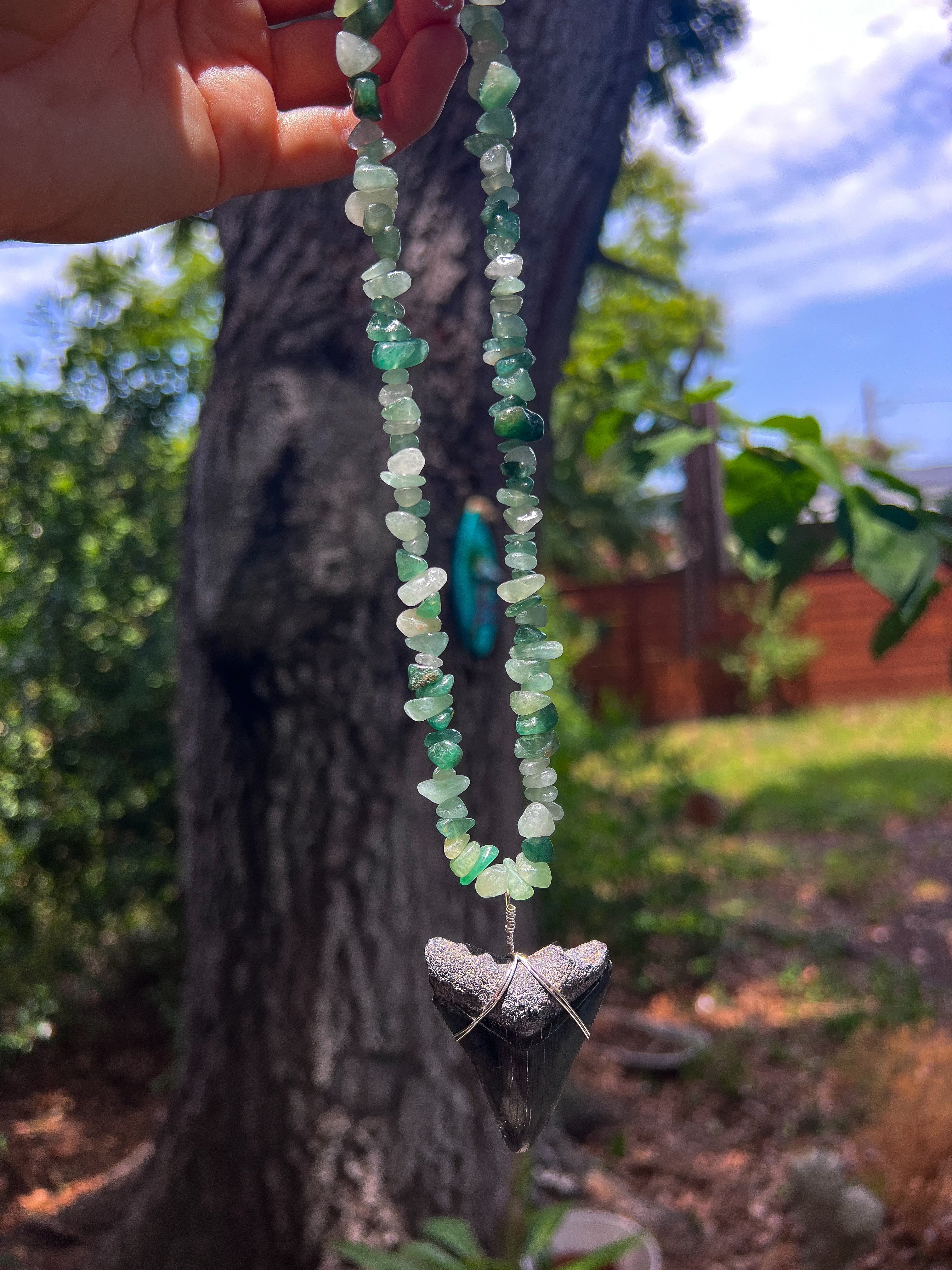 Green Beaded Megalodon Shark Tooth Necklace