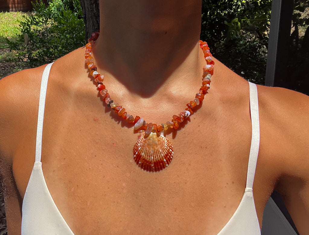 Dark Orange/Red Beaded Scallop Necklace