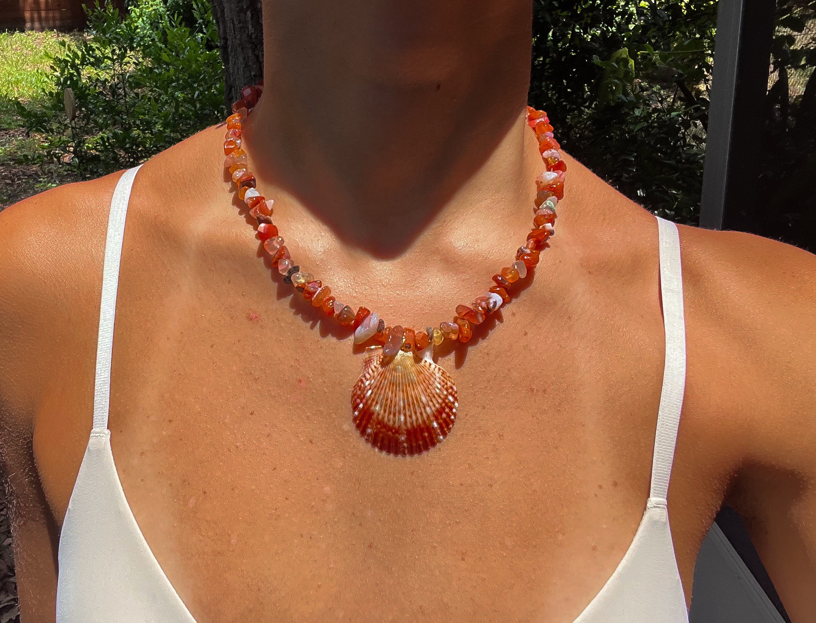 Dark Orange/Red Beaded Scallop Necklace