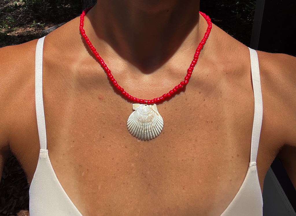 Red Beaded Scallop Shell Necklace