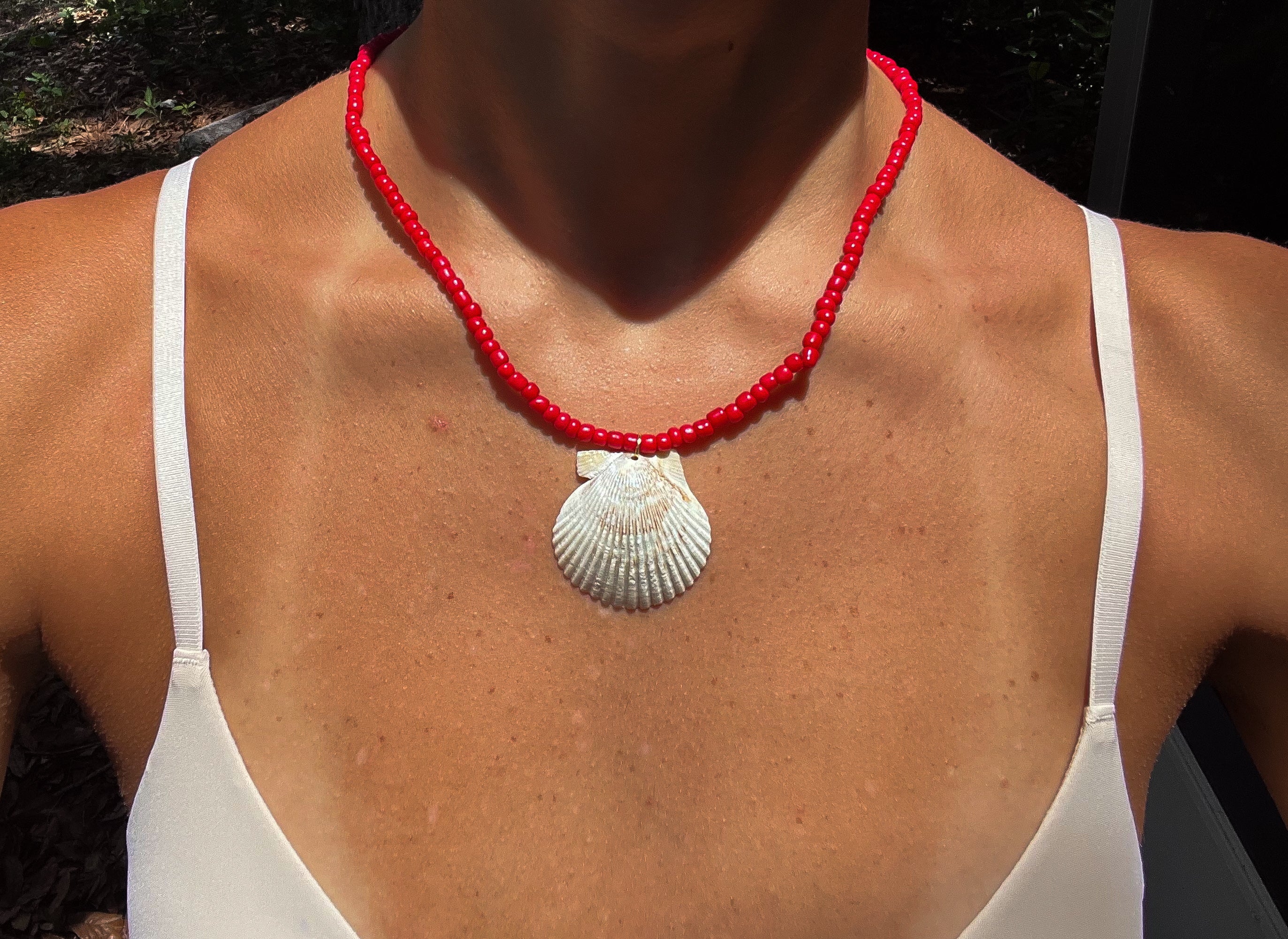 Red Beaded Scallop Shell Necklace