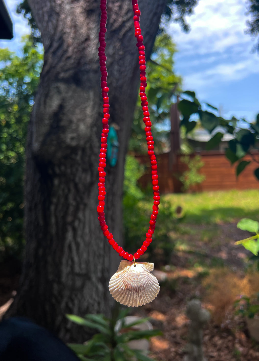 Red Beaded Scallop Shell Necklace